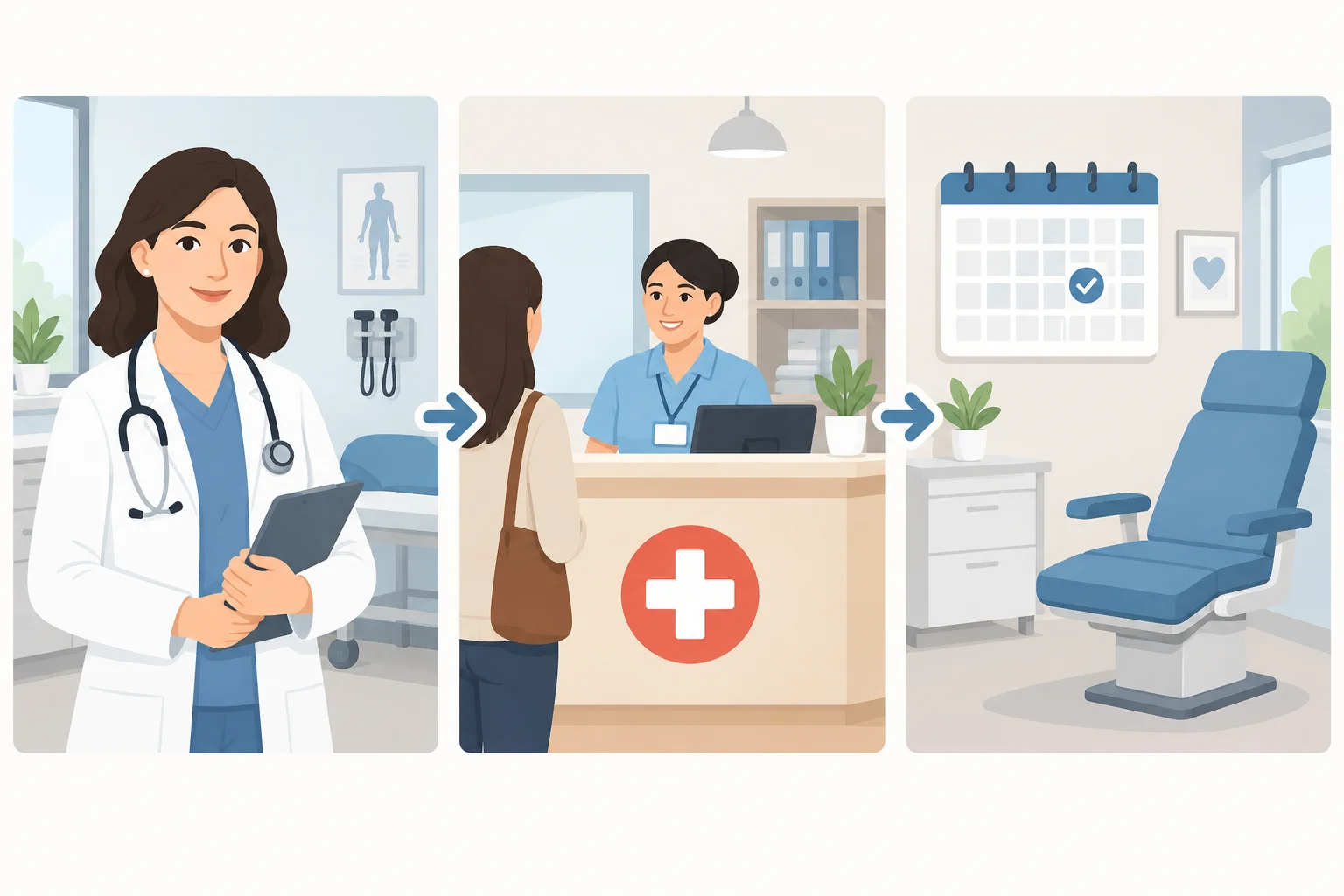 Ilustração com um médico, um balcão de ajuda médica e um calendário de consulta.