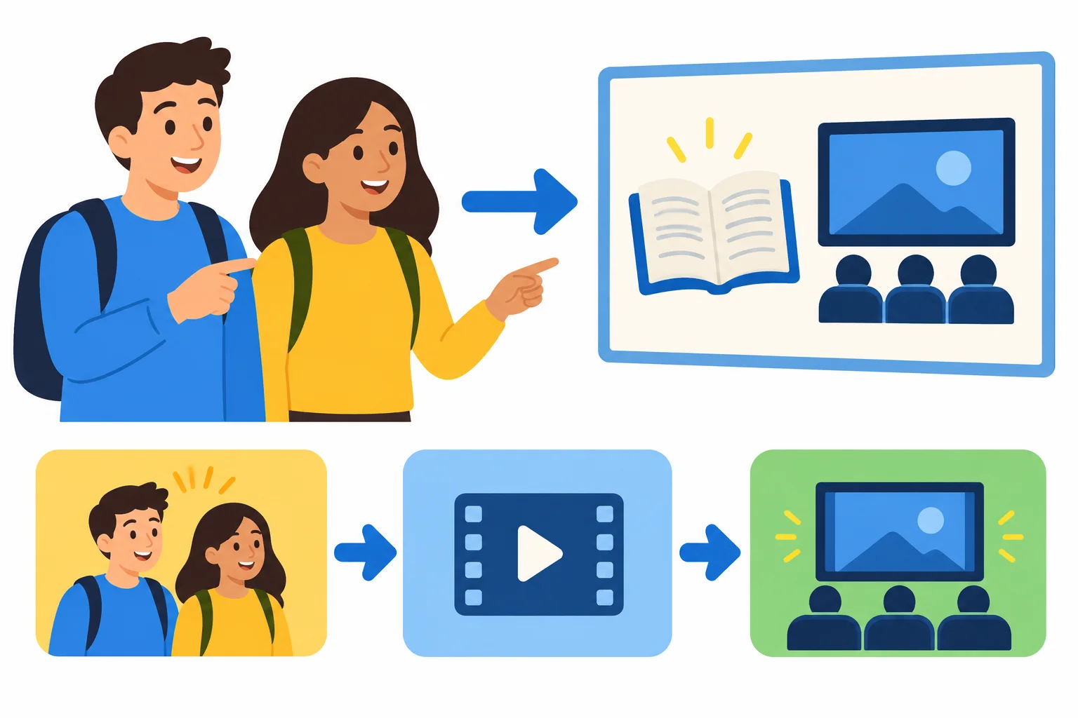 Diagrama mostrando duas pessoas incluídas na mesma atividade, organizada em três blocos: let's, ação e complemento.