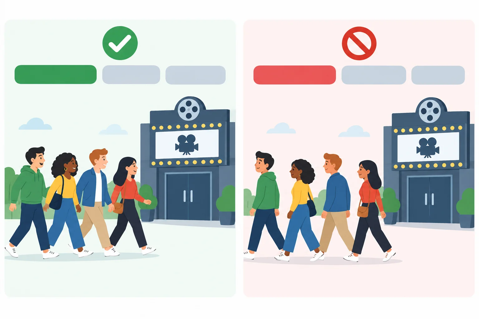 Comparação visual entre um grupo indo ao cinema e o mesmo grupo escolhendo não ir.