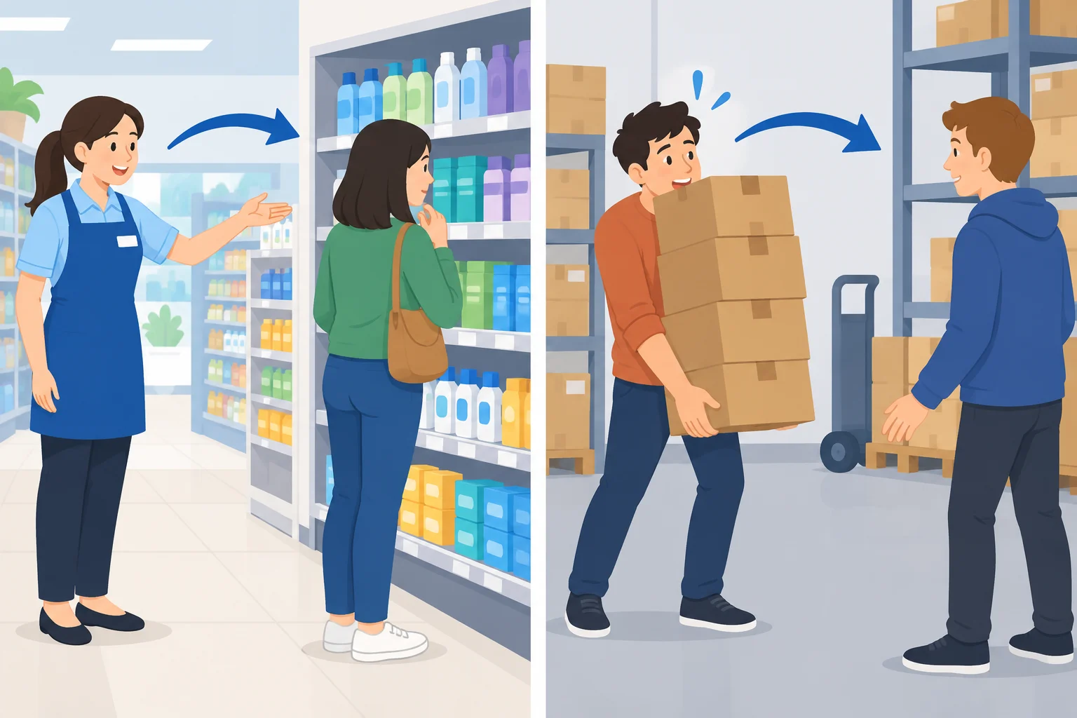 Comparação visual entre uma pessoa oferecendo ajuda a um cliente e outra pessoa pedindo ajuda para carregar caixas.