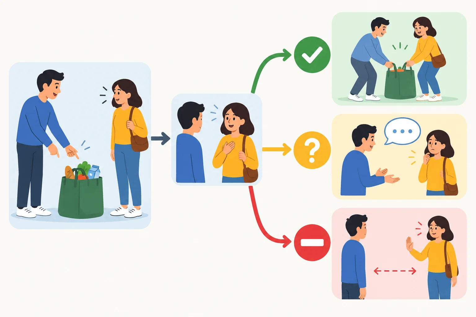 Diagrama com três resultados após uma oferta: ajuda aceita, resposta pouco clara e recusa.