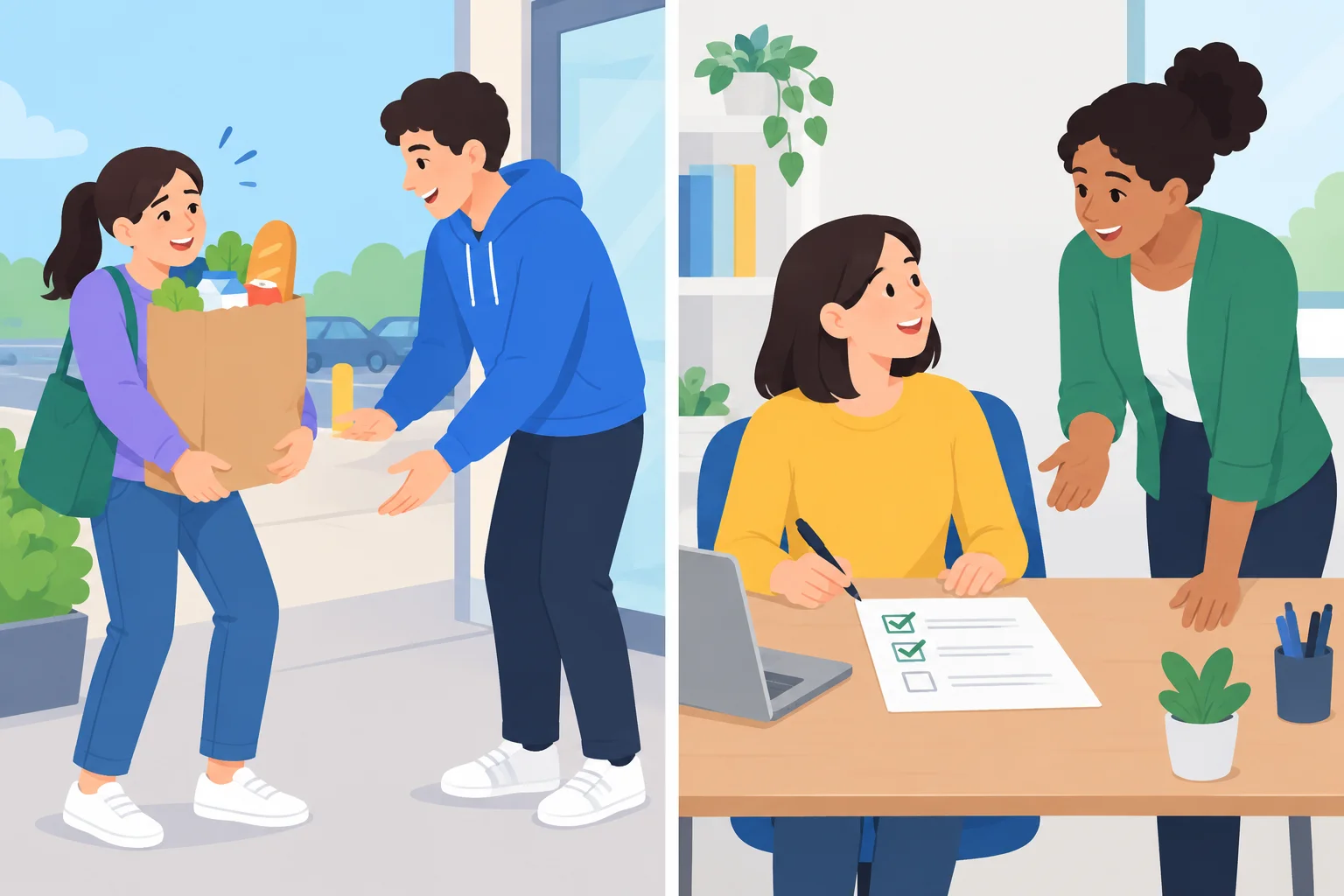 Duas cenas: ajuda para carregar uma bolsa e ajuda com uma tarefa em uma mesa.