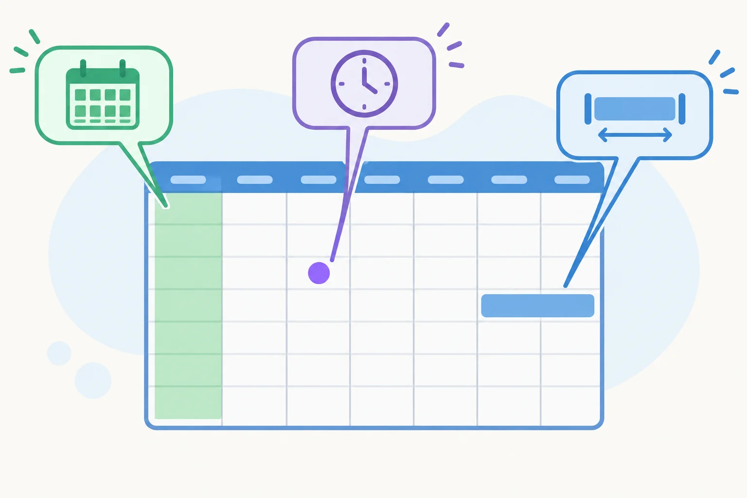 Calendário semanal com exemplos visuais de um dia, um horário e um intervalo disponíveis.