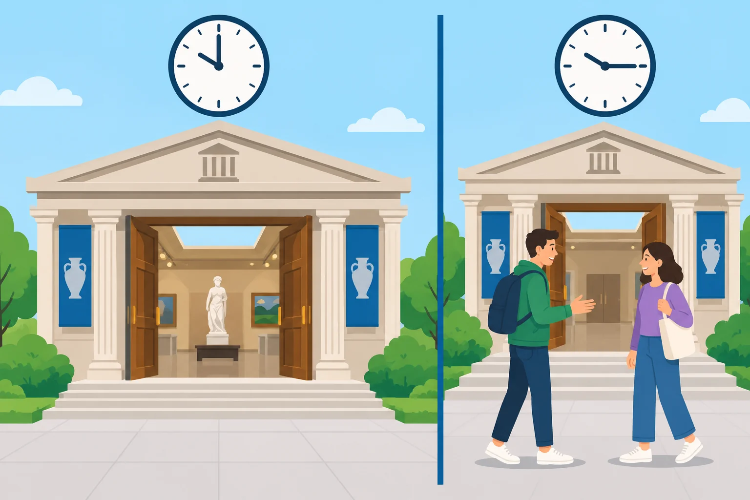 Um museu abre às 10h, enquanto duas pessoas se encontram na entrada às 10h15.