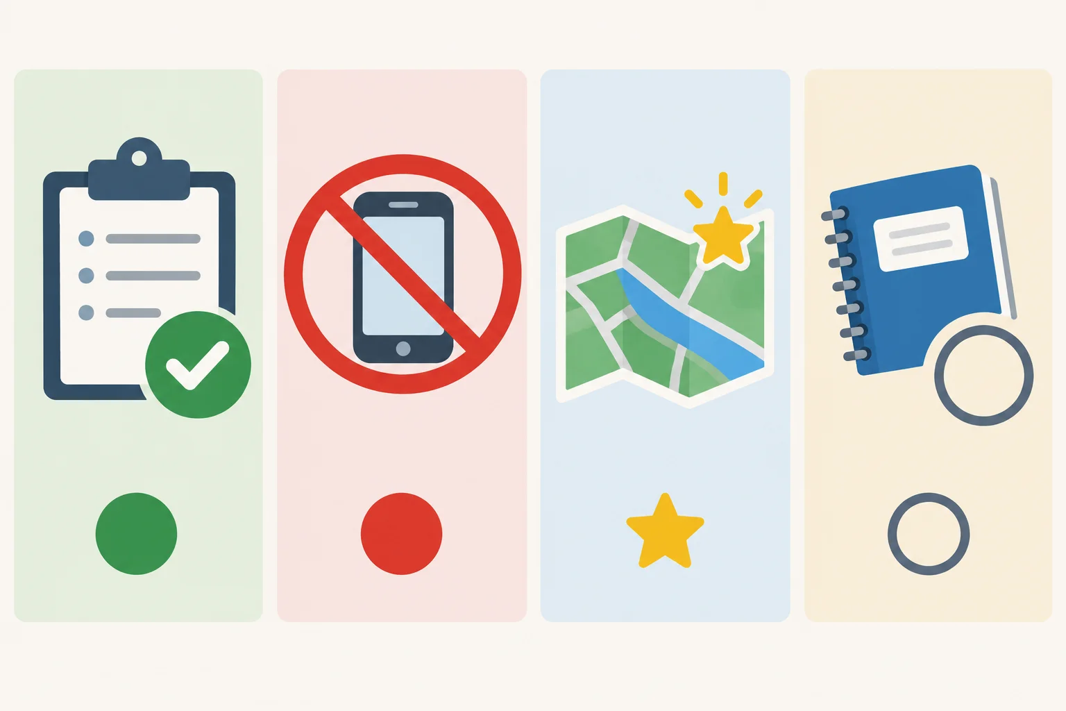 Diagrama com quatro painéis: uma prancheta marcada para exigência, um celular riscado para proibição, um mapa com estrela para recomendação e um caderno com símbolo de escolha para opção.