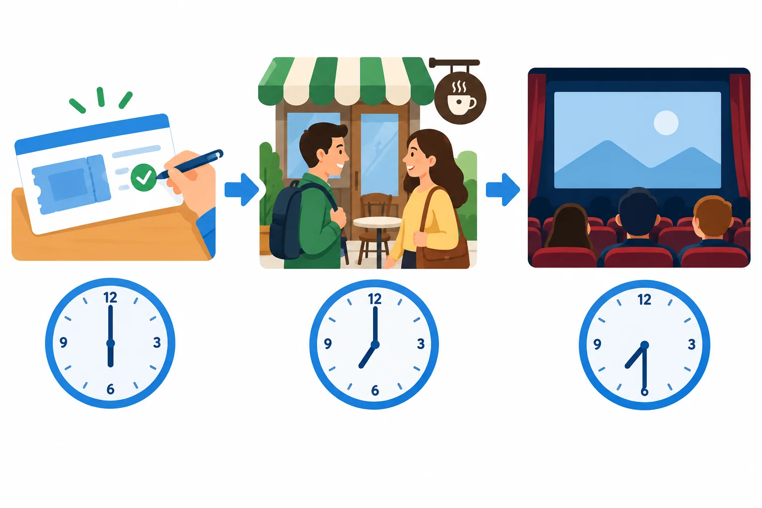 Linha do tempo com ingresso pronto antes das seis, encontro em um café às sete e início de um filme às sete e meia.