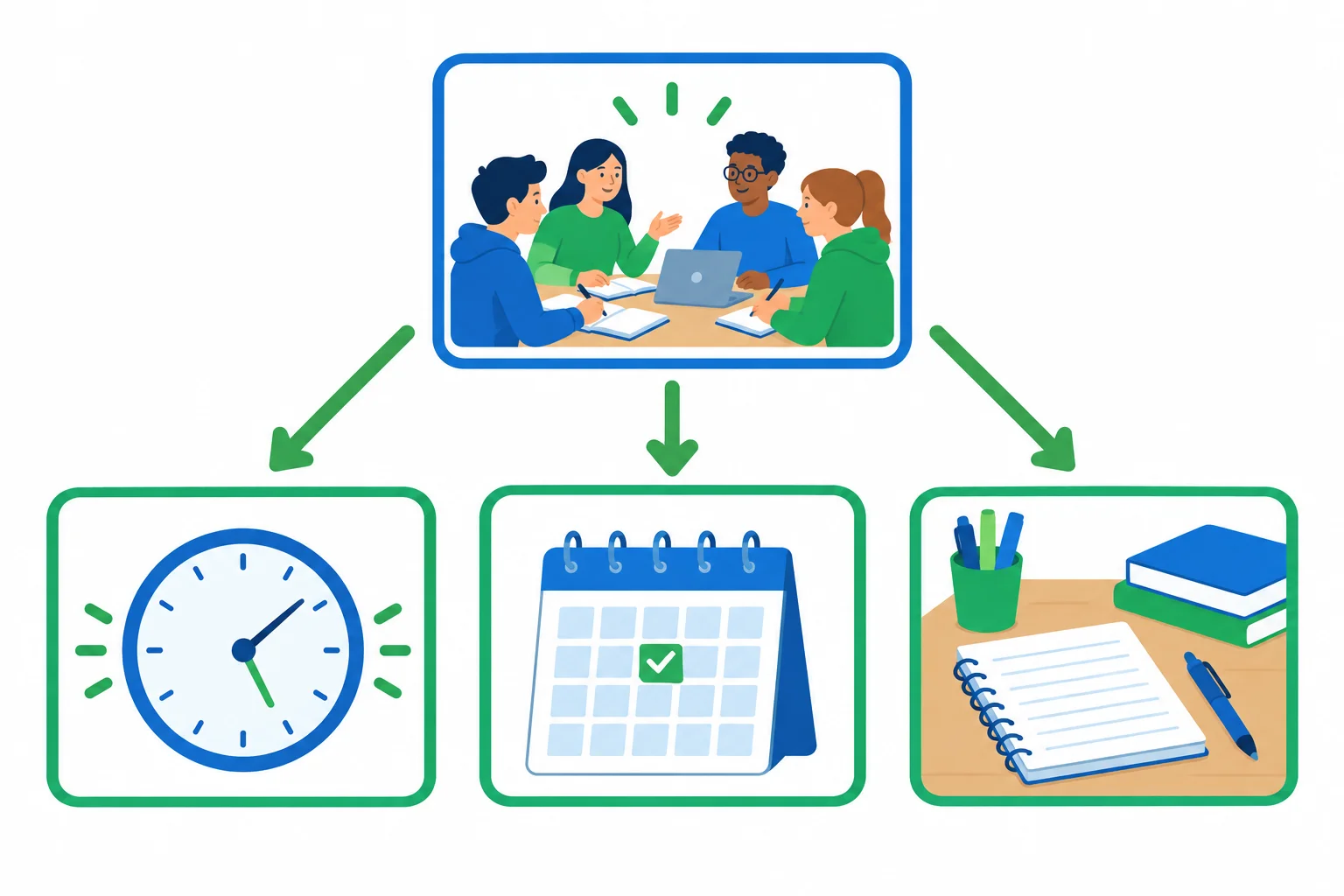 Diagrama com um encontro de estudos ao centro e setas para três tarefas: escolher horário, reservar sala e levar anotações.
