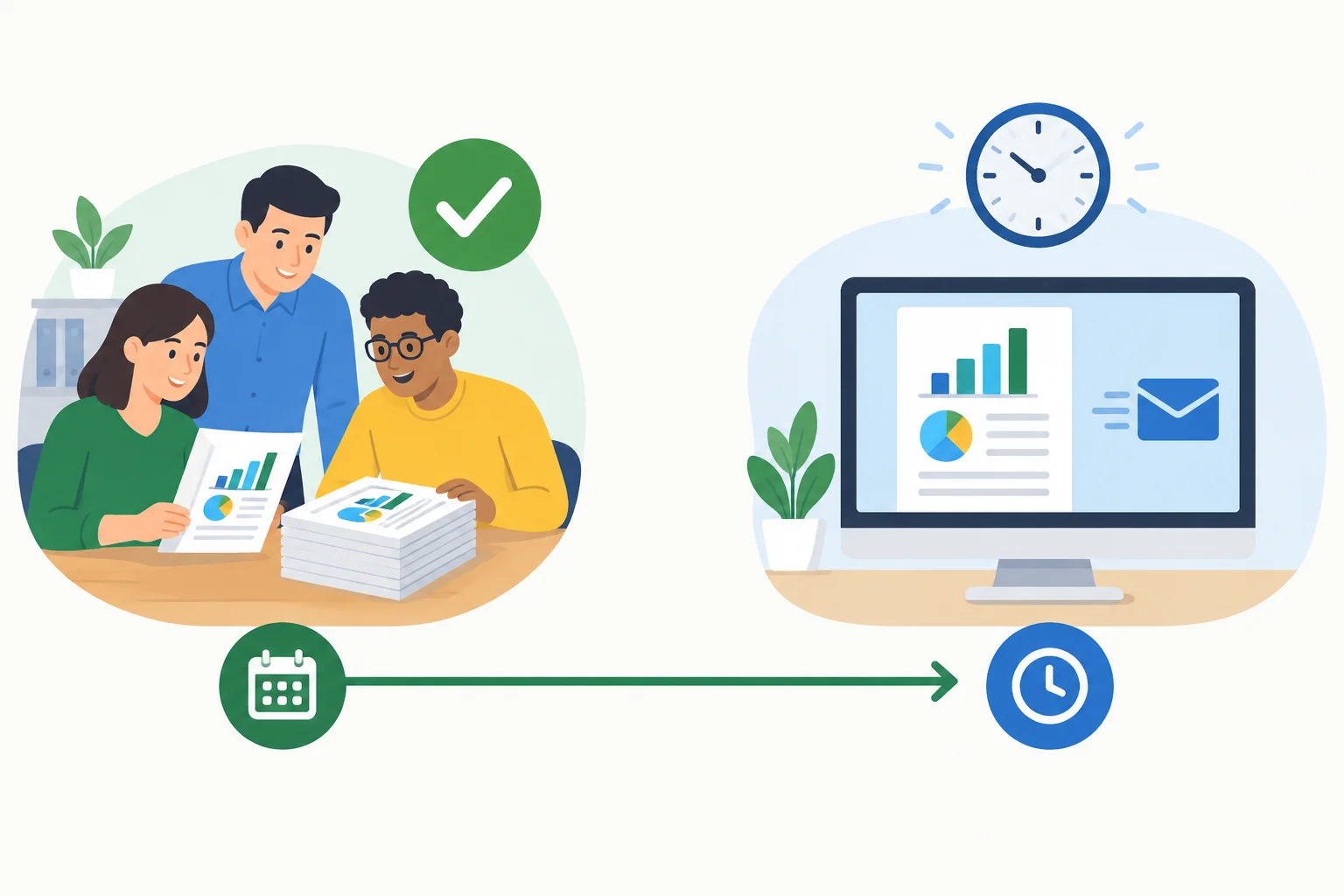 Linha do tempo mostrando uma equipe que concluiu um relatório antes e o relatório pronto para envio agora.