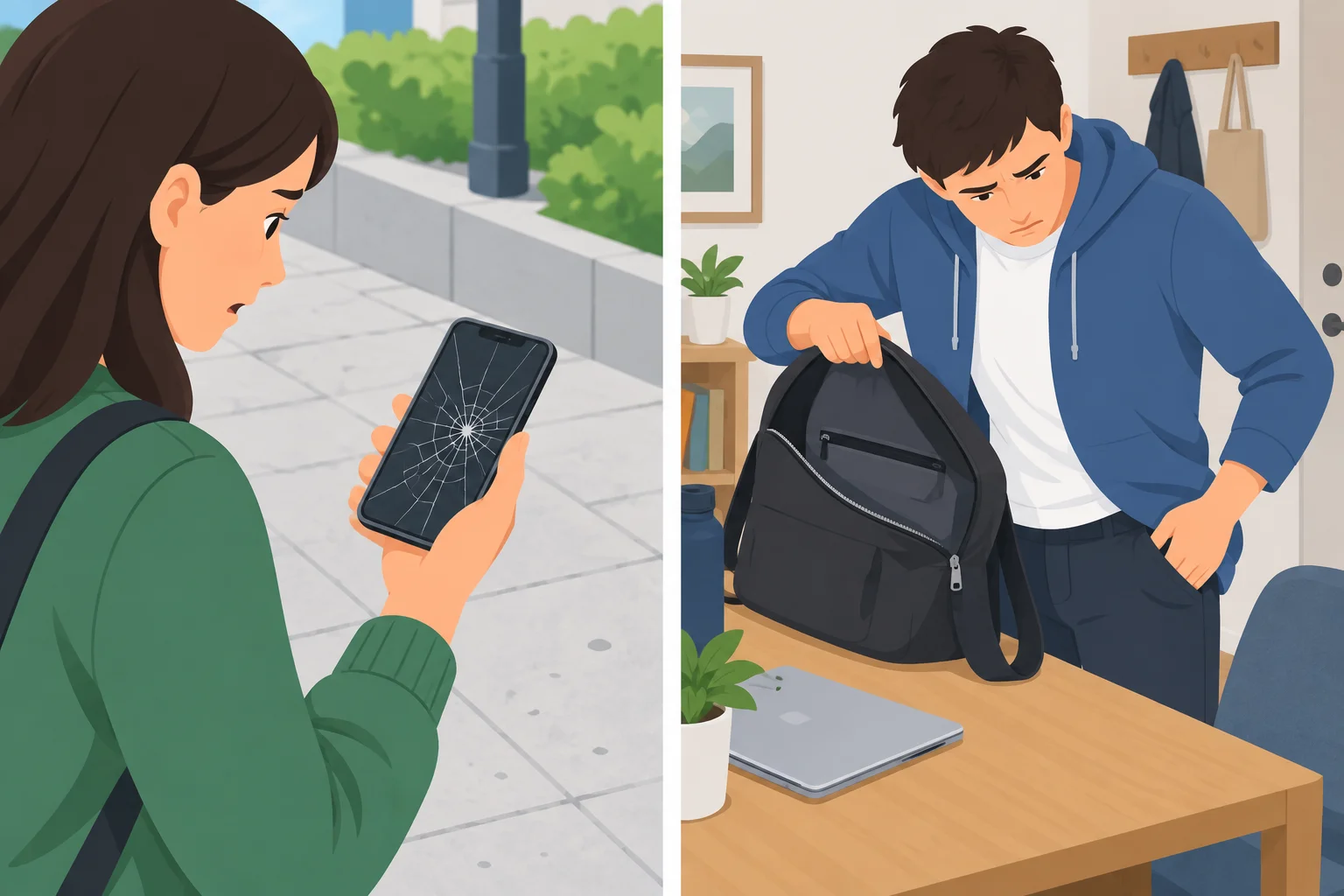Ilustração em dois quadros: uma pessoa com um celular de tela rachada e outra procurando chaves na bolsa.