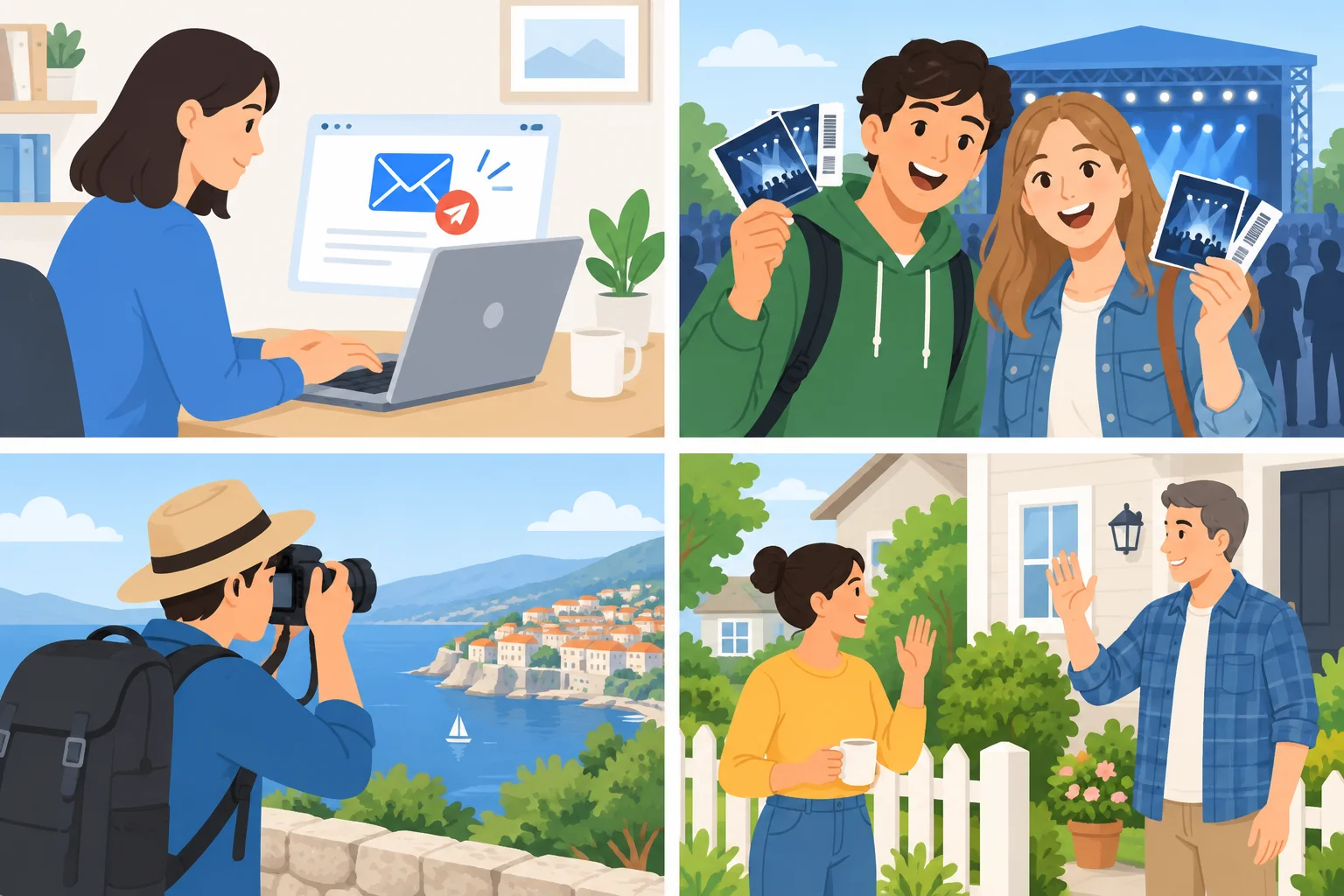 Quatro situações cotidianas: enviar e-mail, comprar ingressos, tirar fotos e encontrar uma vizinha.