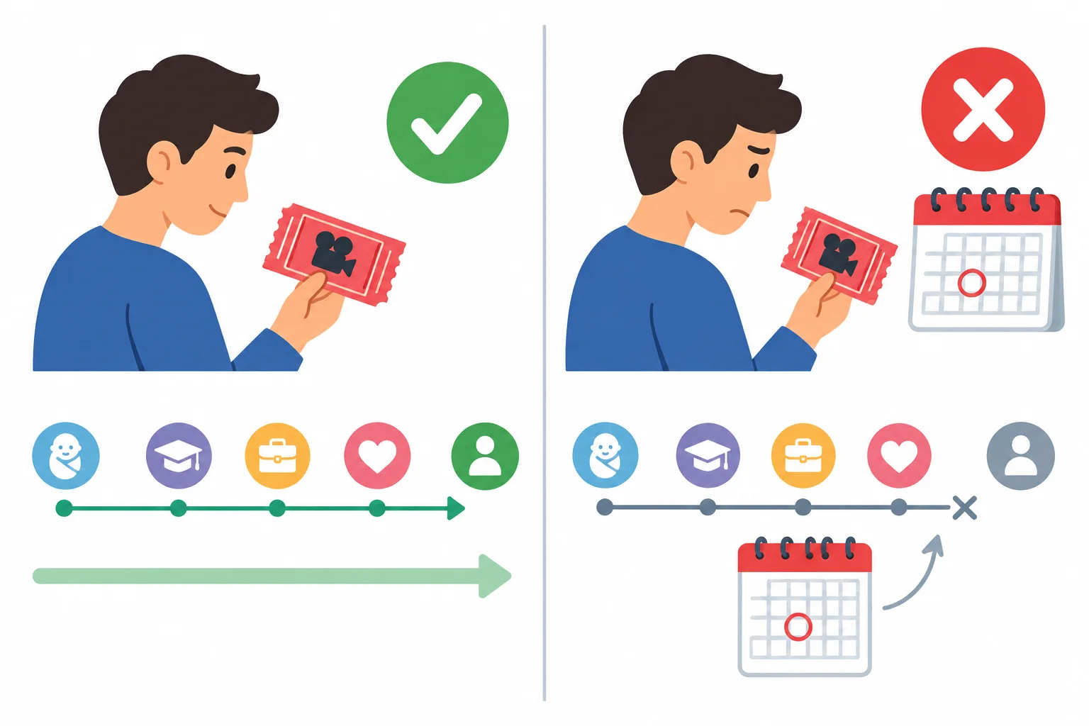 Comparação entre uma experiência sem data e a mesma experiência ligada a um calendário passado encerrado.