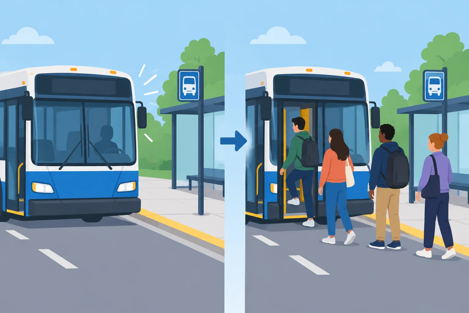 Diagrama mostrando um ônibus que acabou de chegar e passageiros que agora podem entrar.
