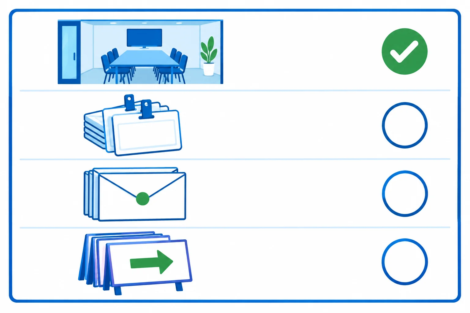 Checklist ilustrado: a sala está concluída, enquanto crachás, convites e placas permanecem pendentes.