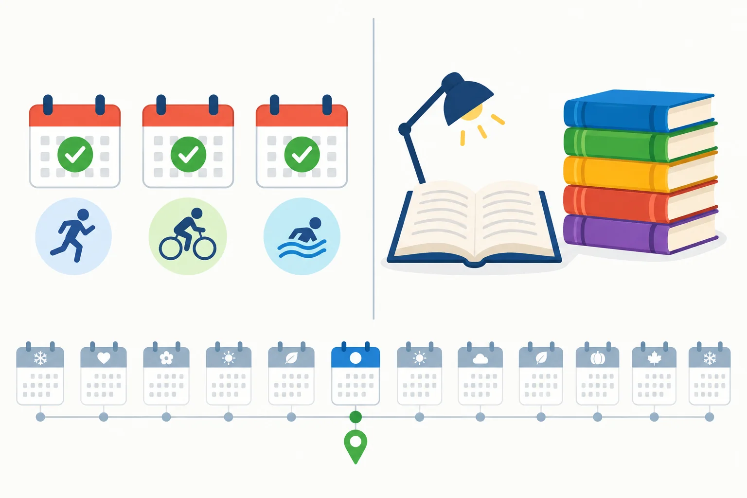 Comparação visual entre três ocasiões separadas e cinco livros concluídos até o momento atual.