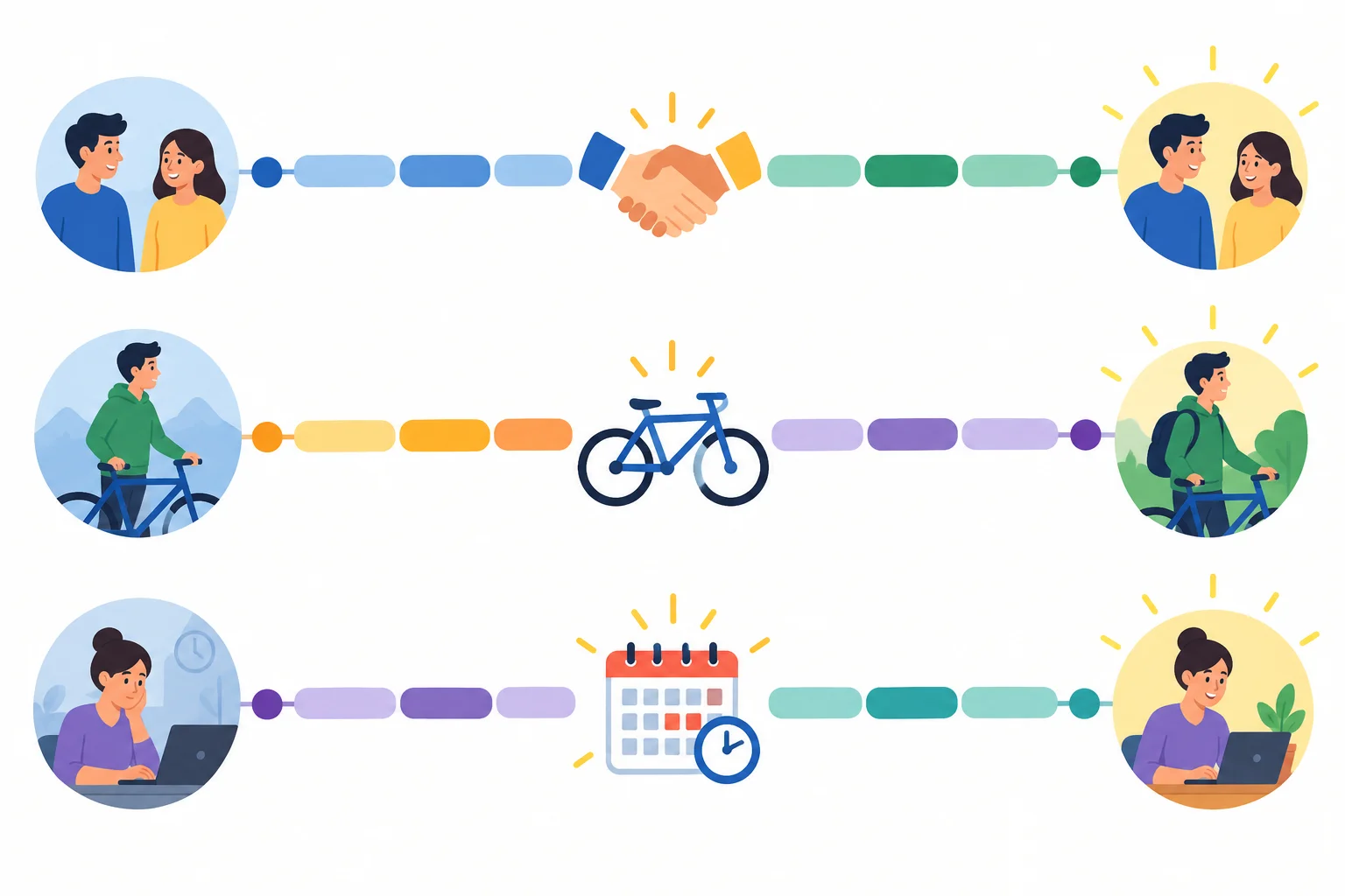 Três linhas do tempo mostram conhecer alguém, ter uma bicicleta e estar ocupado desde o passado até o presente.