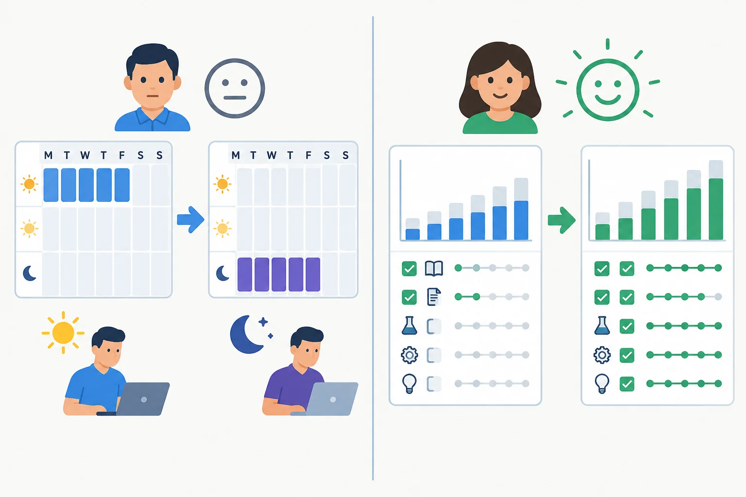 Comparação visual: uma agenda apenas muda de horário; o progresso de estudo melhora.