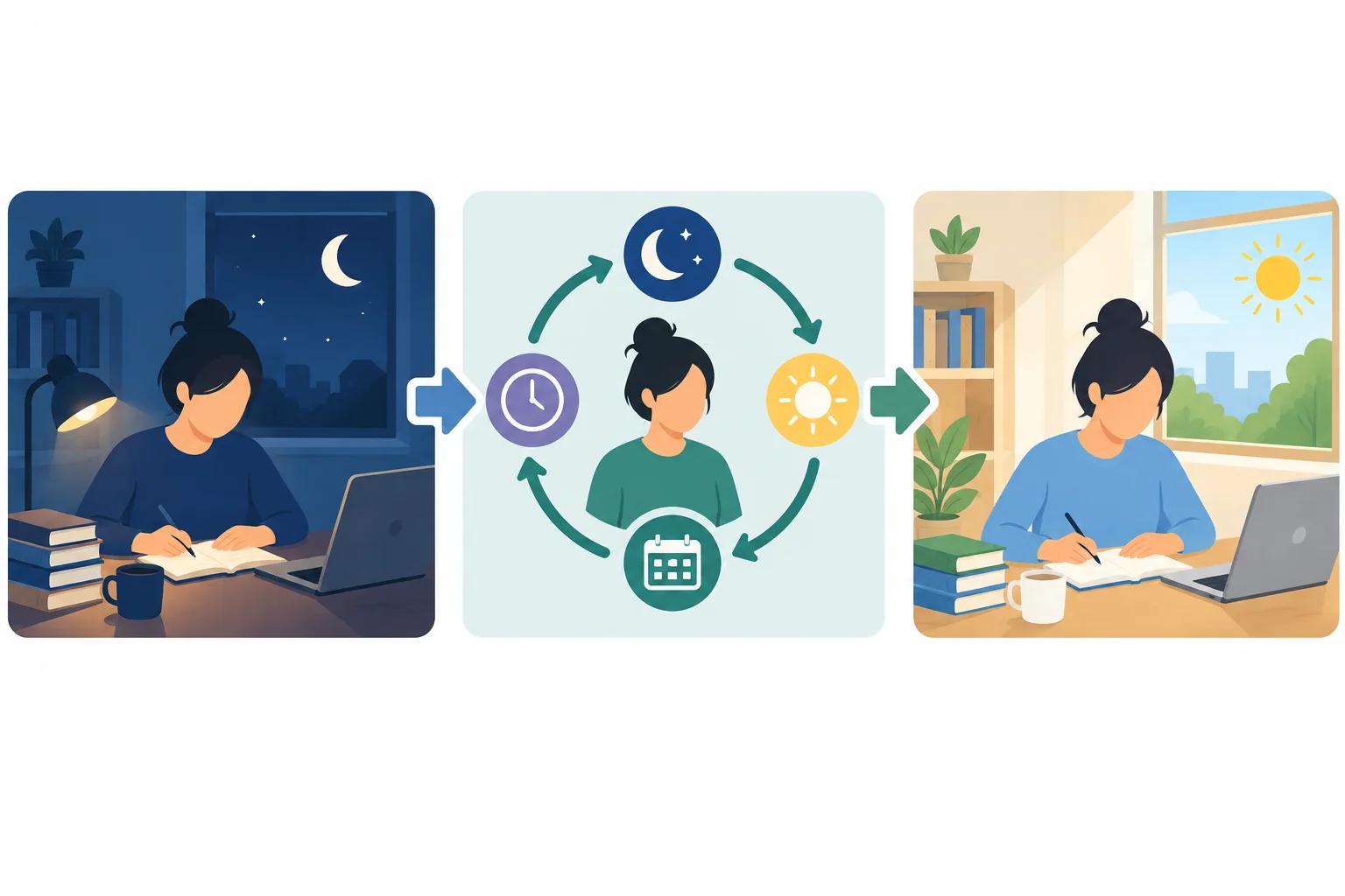 Linha do tempo com estudo à noite no passado, mudança de rotina e estudo pela manhã no presente.