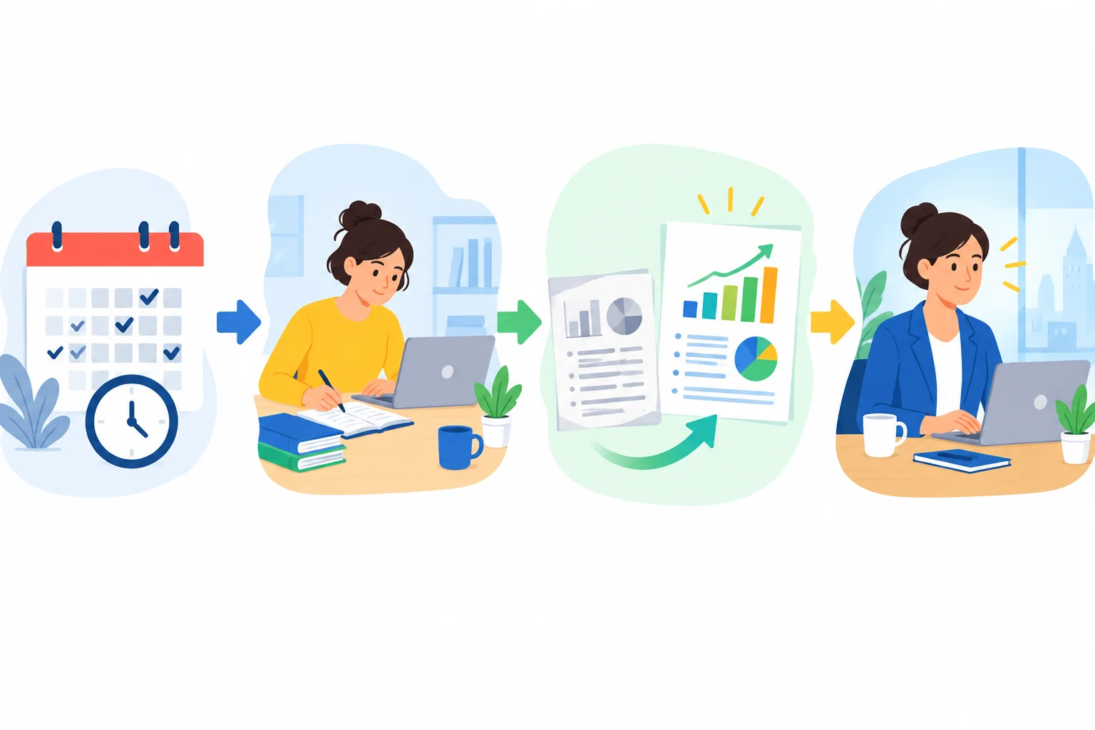 Linha do tempo visual com um marco passado, estudo, transformação de um relatório e situação atual no trabalho.