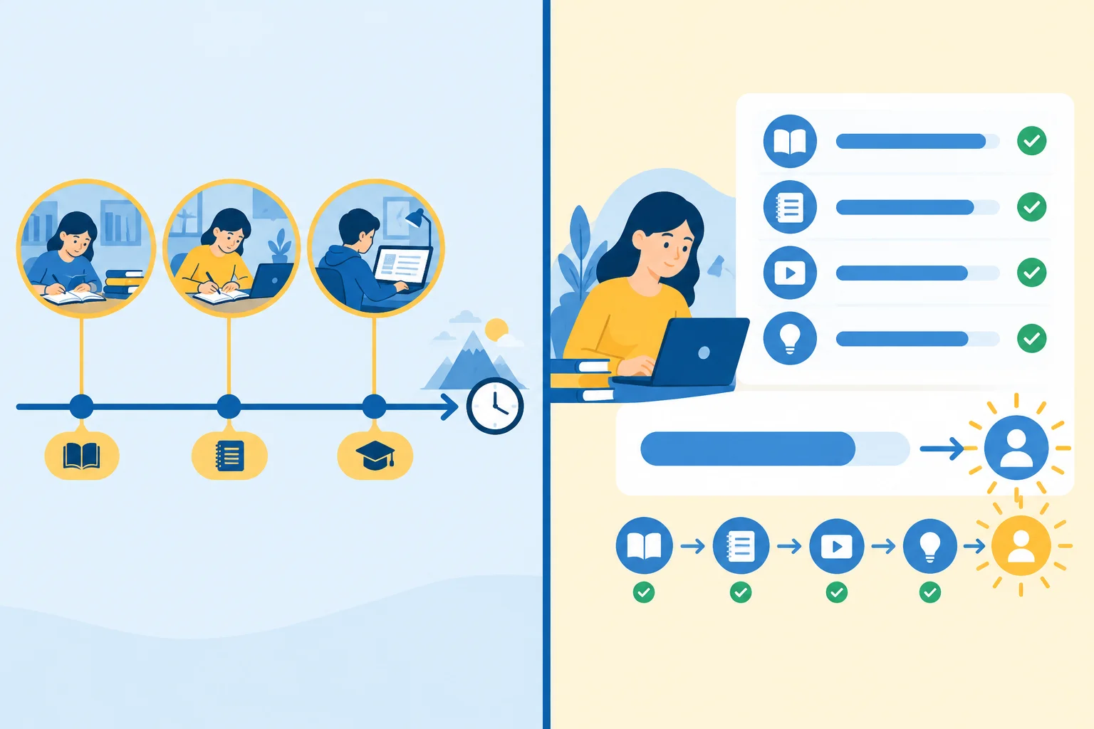 Comparação entre eventos isolados em uma linha do tempo passada e um balanço de progresso que chega ao presente.