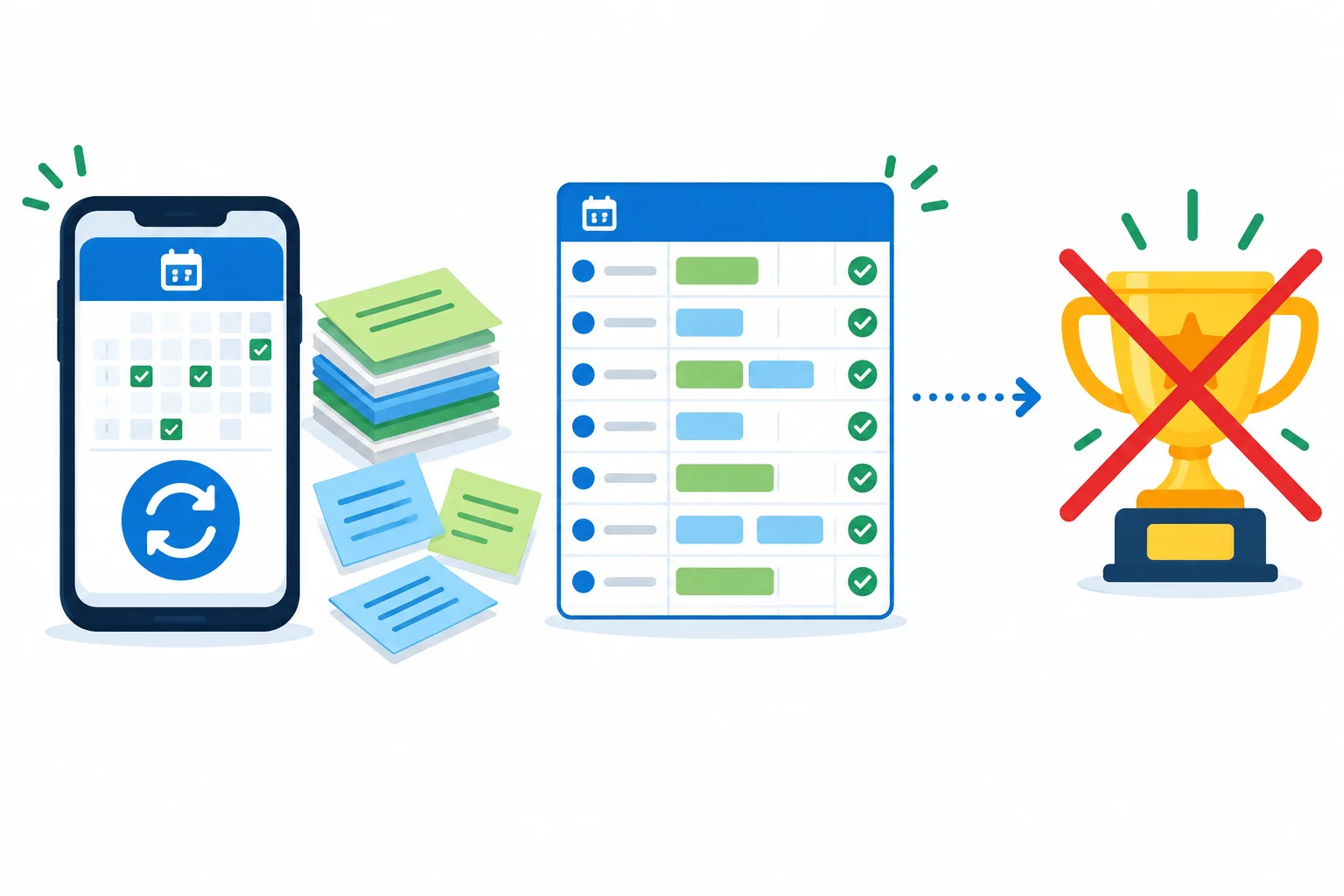 Diagrama com celular atualizado, agenda organizada como resultado explícito, anotações ainda fora do aplicativo e uma conclusão exagerada riscada.