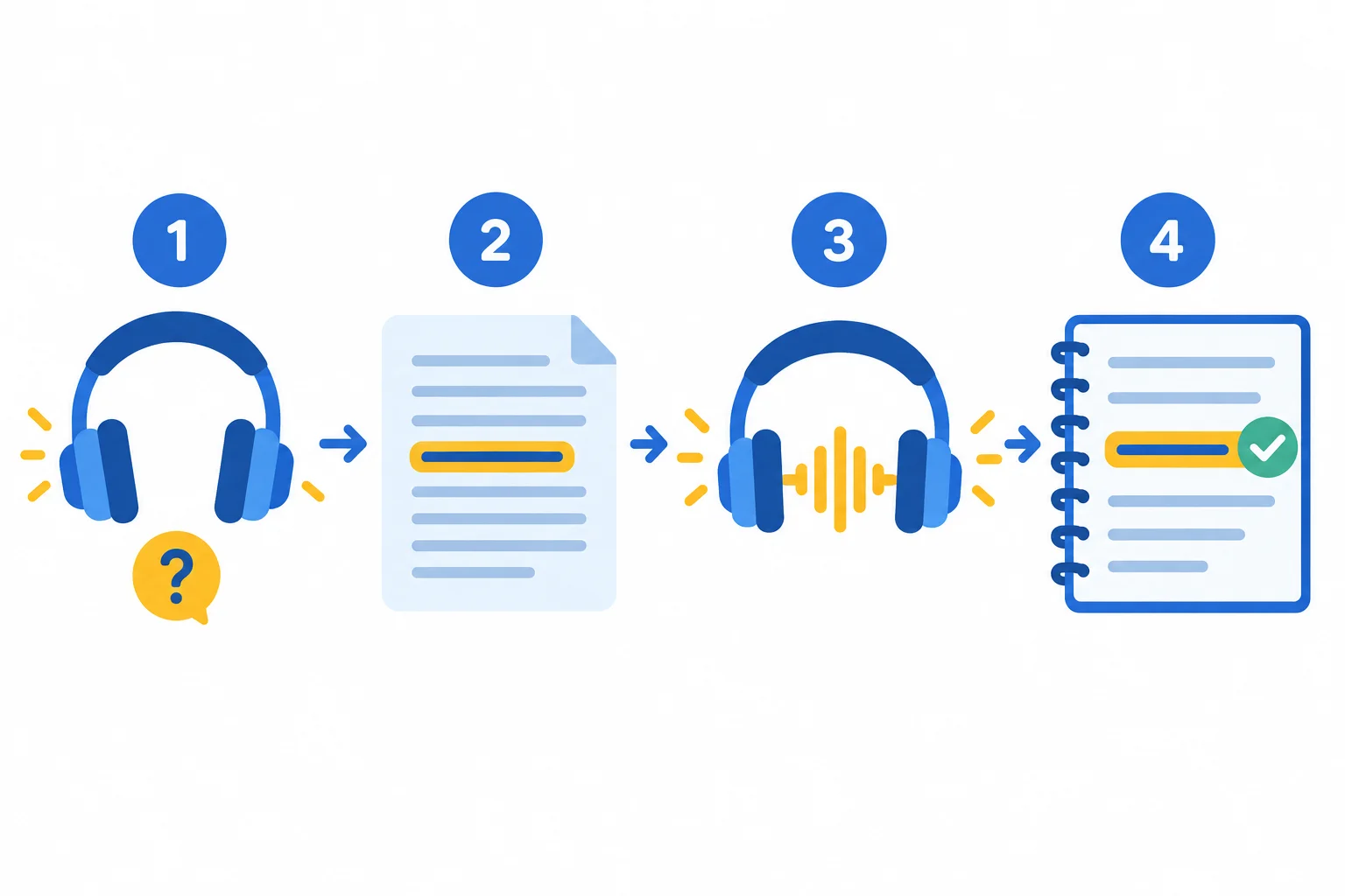 Fluxo visual: ouvir, definir uma dúvida, localizar uma pista na transcrição, ouvir novamente e corrigir ou confirmar o registro.