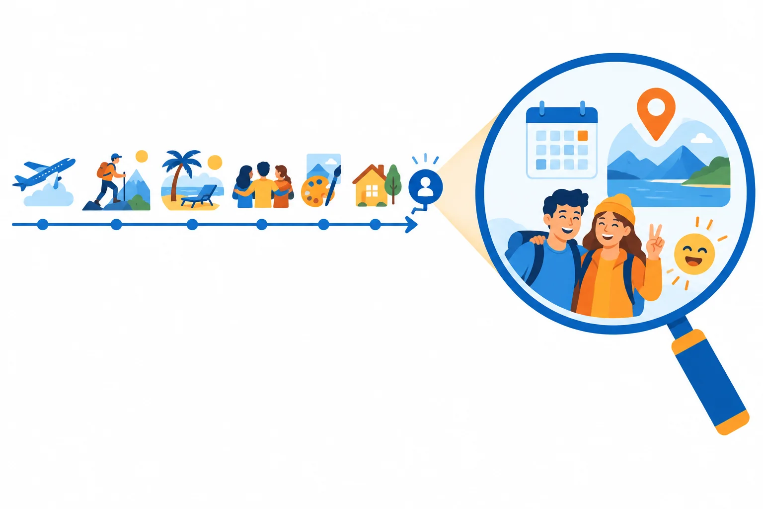 Diagrama mostra várias experiências até o presente e uma lupa destacando um único episódio passado.
