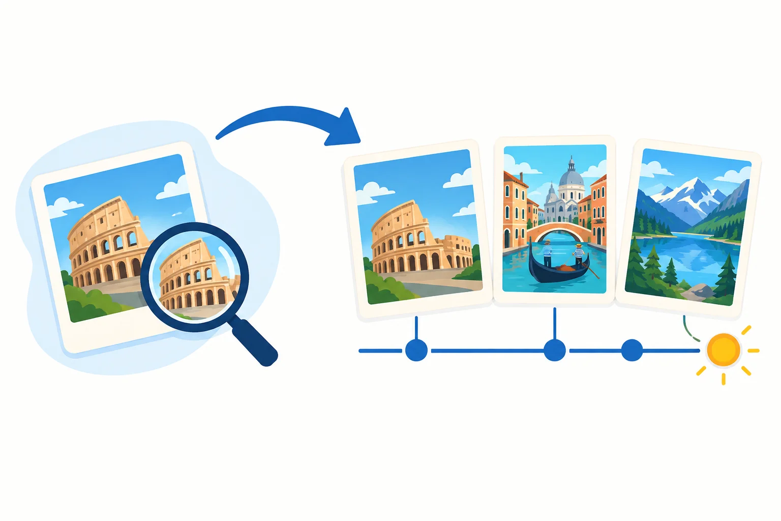 Diagrama que mostra uma viagem específica sendo ampliada para várias viagens até o presente.