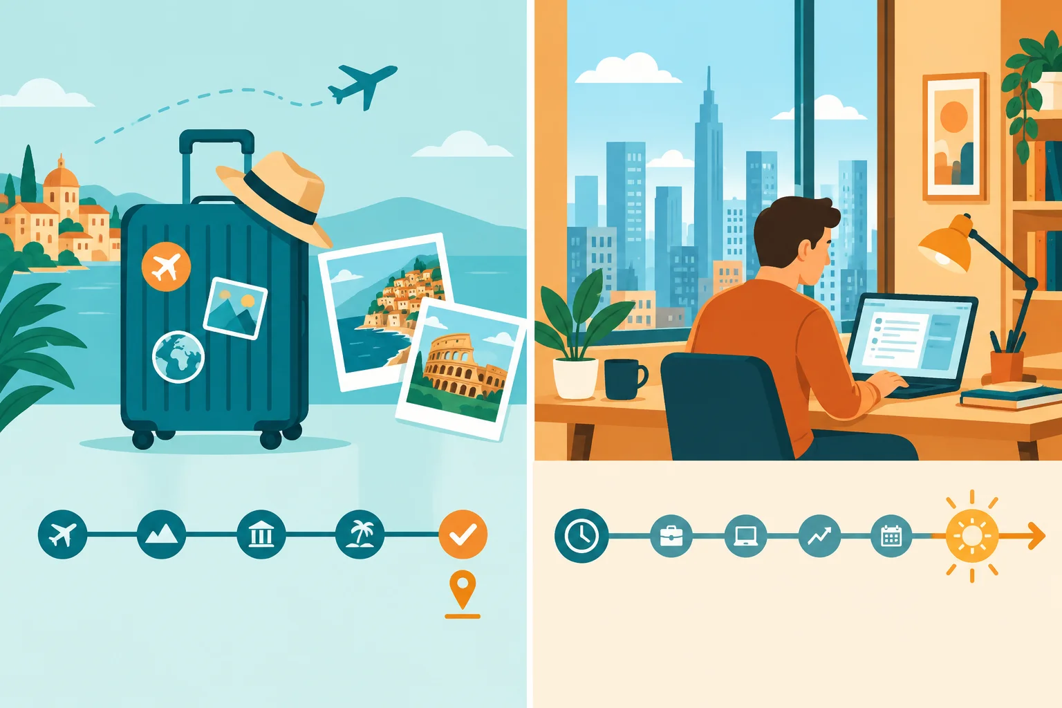 Comparação visual entre uma viagem encerrada no passado e uma situação de trabalho que continua até o presente.