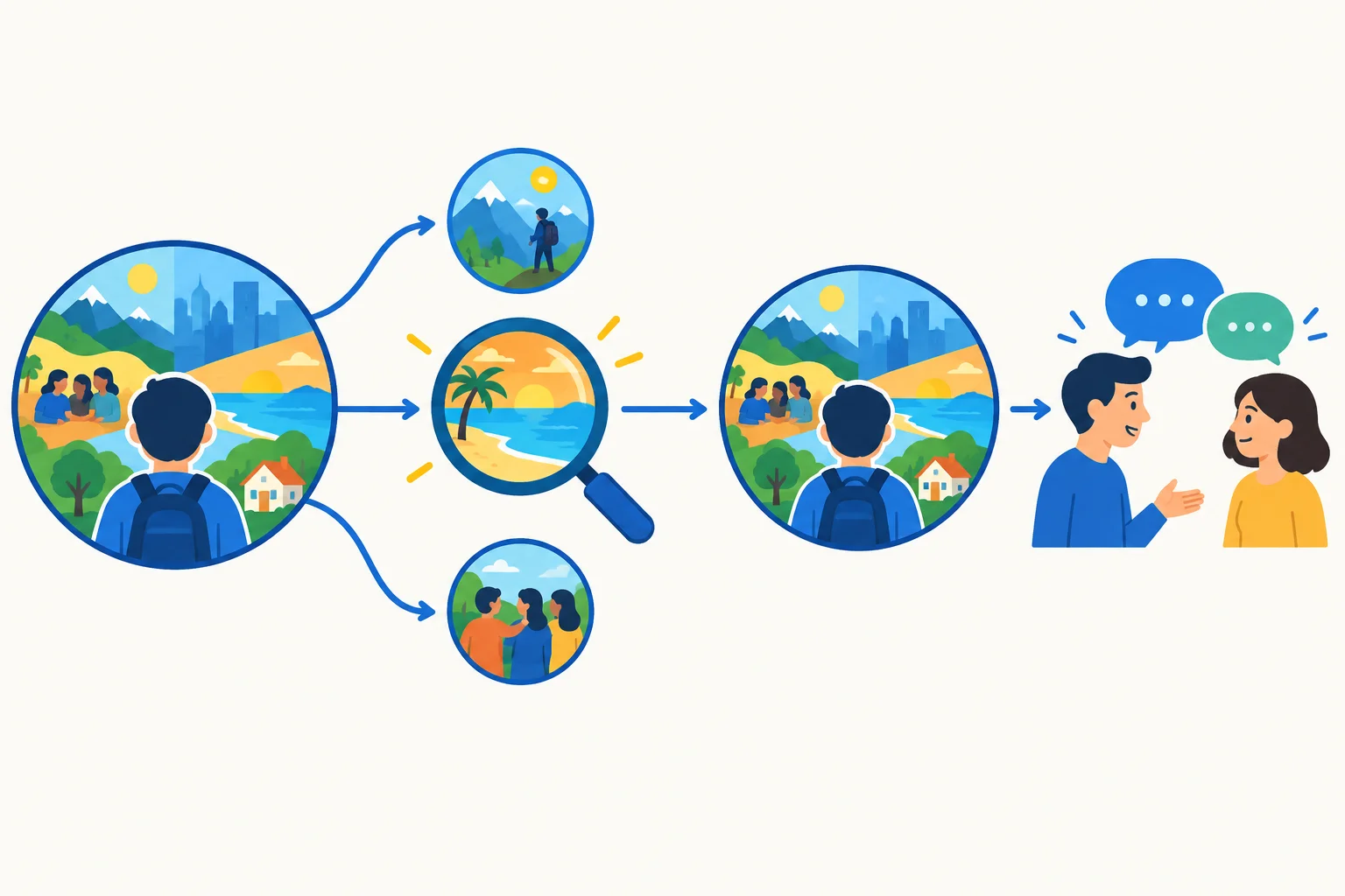 Diagrama mostrando uma conversa que sai do conjunto de experiências, destaca um episódio e pode voltar ao conjunto.