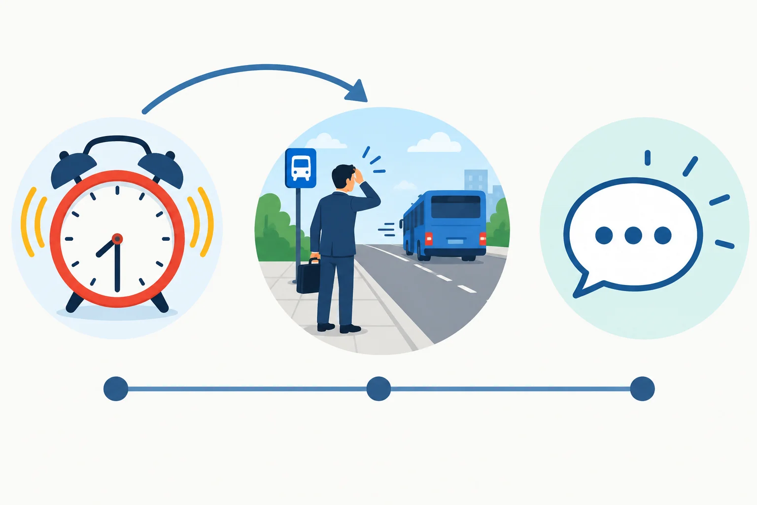 Linha do tempo com um despertador primeiro, um ônibus perdido depois e o momento da fala por último.