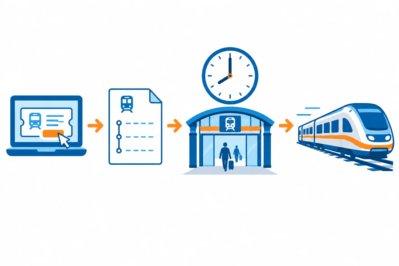 Linha do tempo visual: comprar passagens e não imprimir o itinerário acontecem antes da chegada à estação às oito.