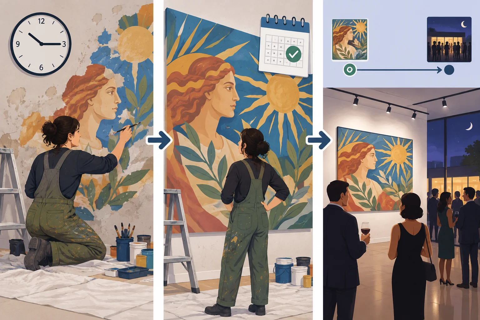 Três painéis mostram uma pessoa pintando: a ação em andamento, o projeto concluído e o projeto concluído antes de outro momento passado.