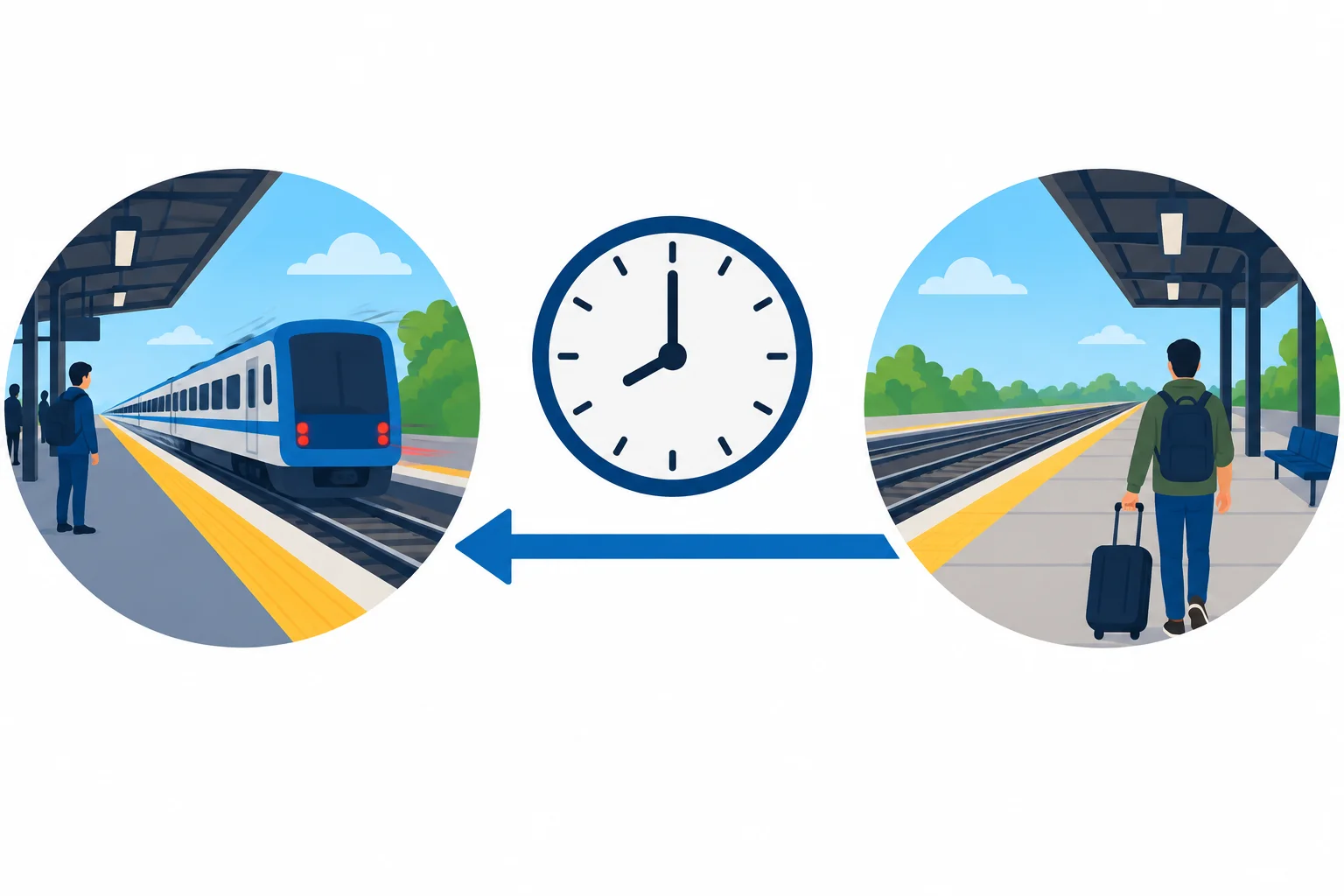 Linha do tempo: o trem parte antes; depois, uma pessoa encontra a plataforma vazia.