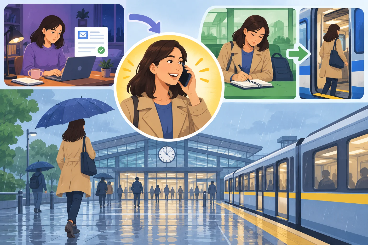 Linha do tempo visual: Maya caminha na chuva, recebe uma ligação, há um recuo para a candidatura enviada na noite anterior e a história retorna para ela anotar os detalhes e pegar o trem.
