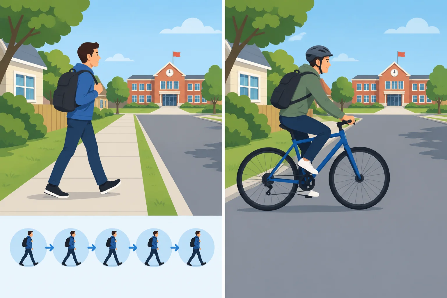 Comparação visual entre uma pessoa que ia a pé para a escola em uma fase anterior e que hoje vai de bicicleta.