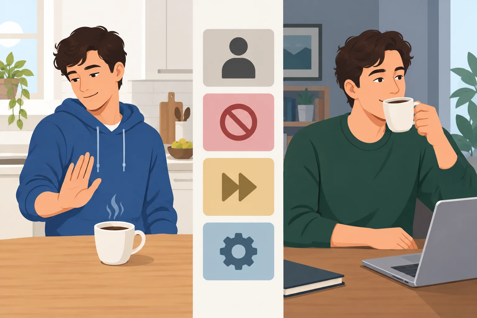 Comparação visual entre uma fase anterior em que uma pessoa não bebia café e o presente, com blocos que representam sujeito, didn't, use to e verbo básico.