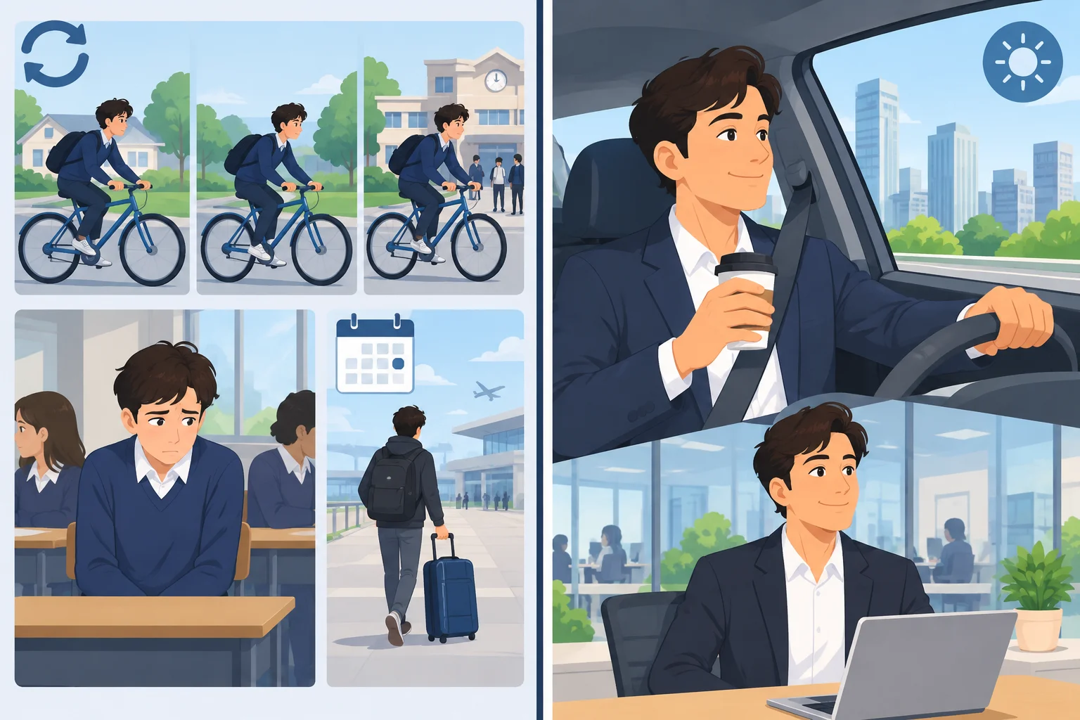 Comparação entre uma fase passada com hábito de ir de bicicleta, estado de timidez e uma viagem única, e o presente com a pessoa dirigindo e tomando café.
