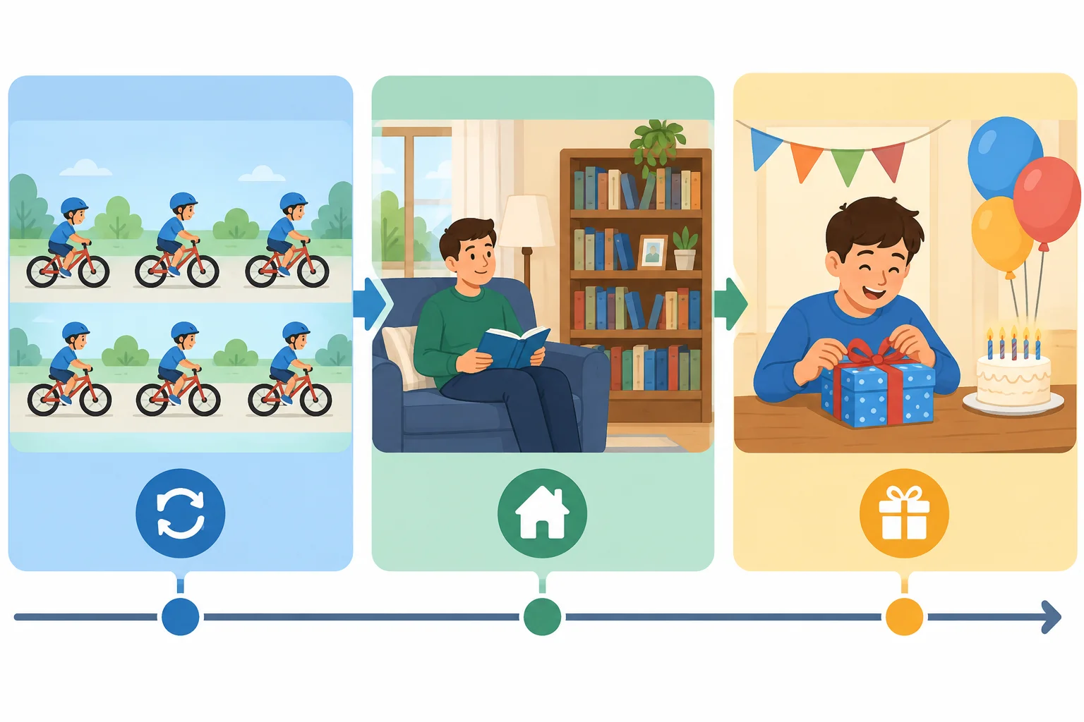 Linha do tempo com uma ação repetida, um estado que permanece e um acontecimento único.