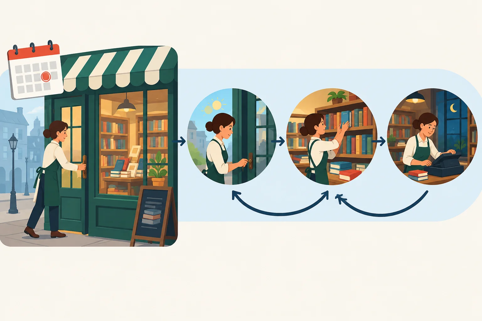 Linha do tempo visual: uma pessoa trabalha em uma livraria no passado e repete três ações durante essa mesma fase.