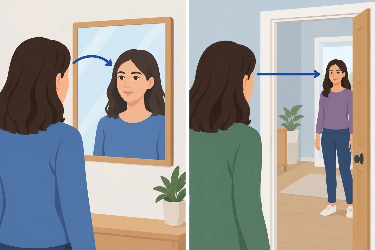 Comparação entre uma mulher vendo o próprio reflexo no espelho e uma mulher vendo outra mulher.
