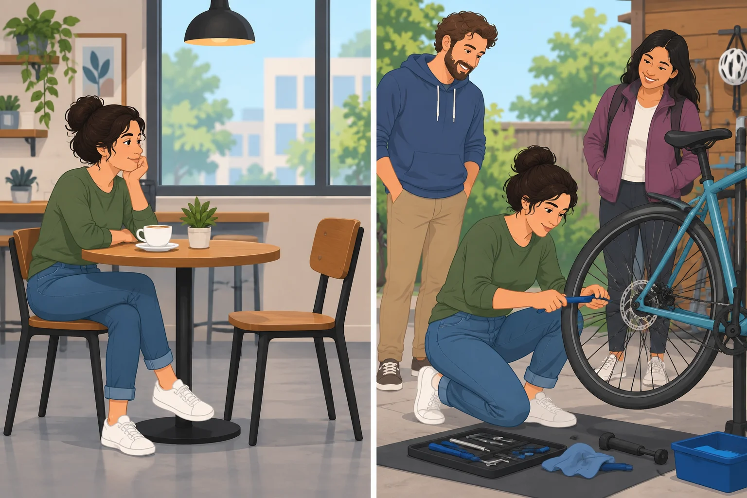 À esquerda, uma mulher está sozinha em uma mesa. À direita, ela conserta uma bicicleta enquanto outras pessoas observam sem ajudar.