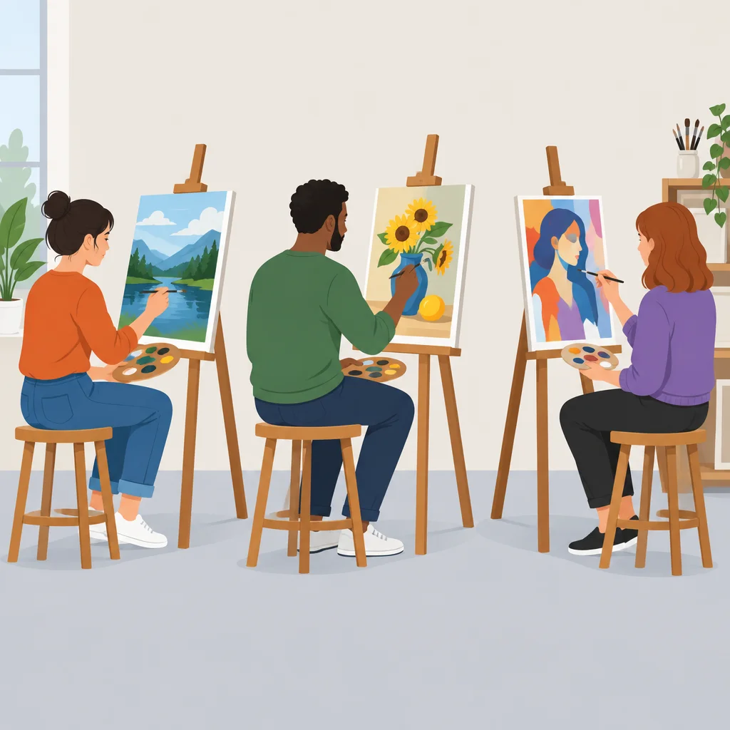 Três pessoas pintando seus próprios quadros.
