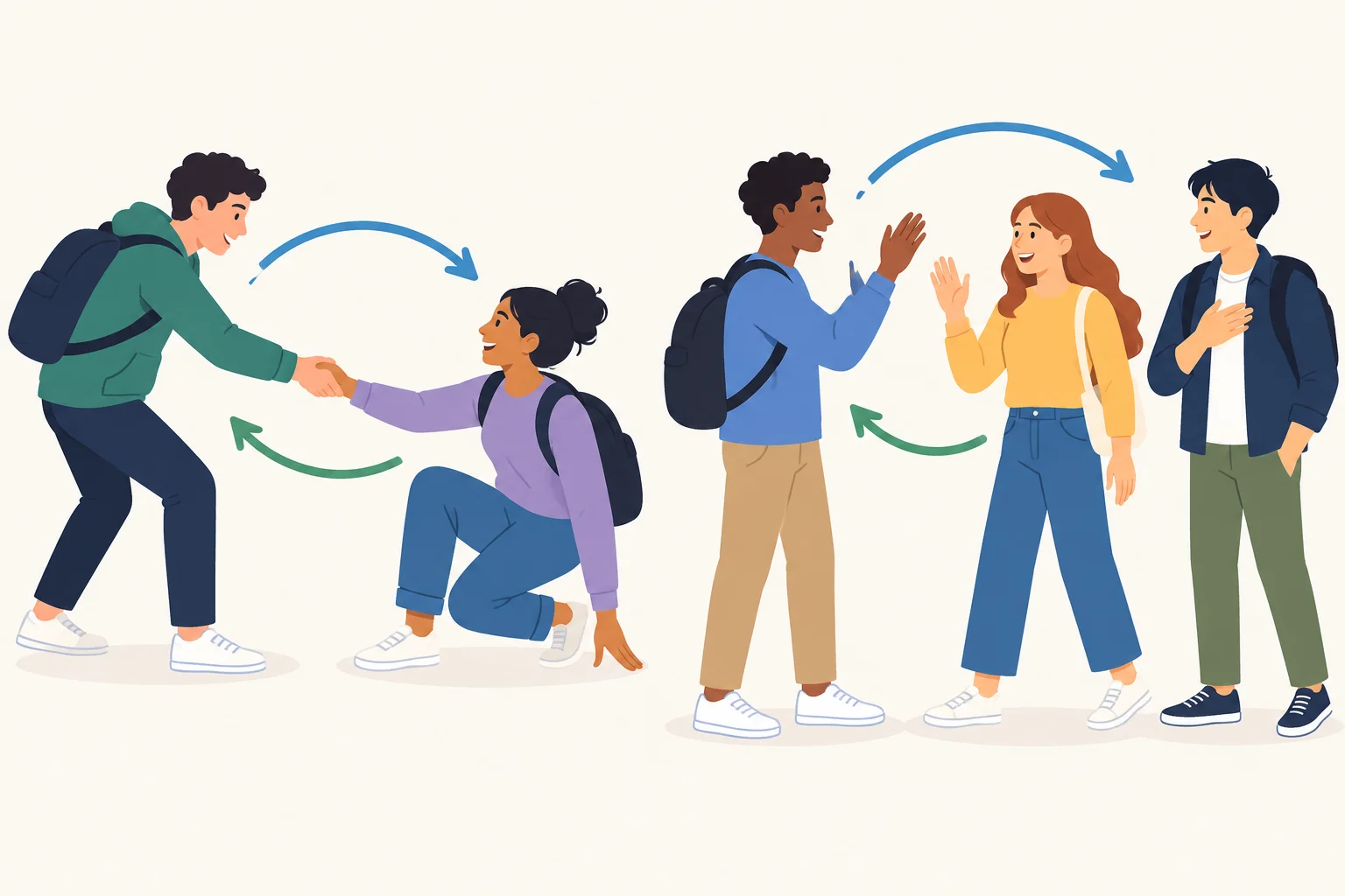Diagrama com pessoas em pares e em grupo, ligadas por setas de ida e volta.