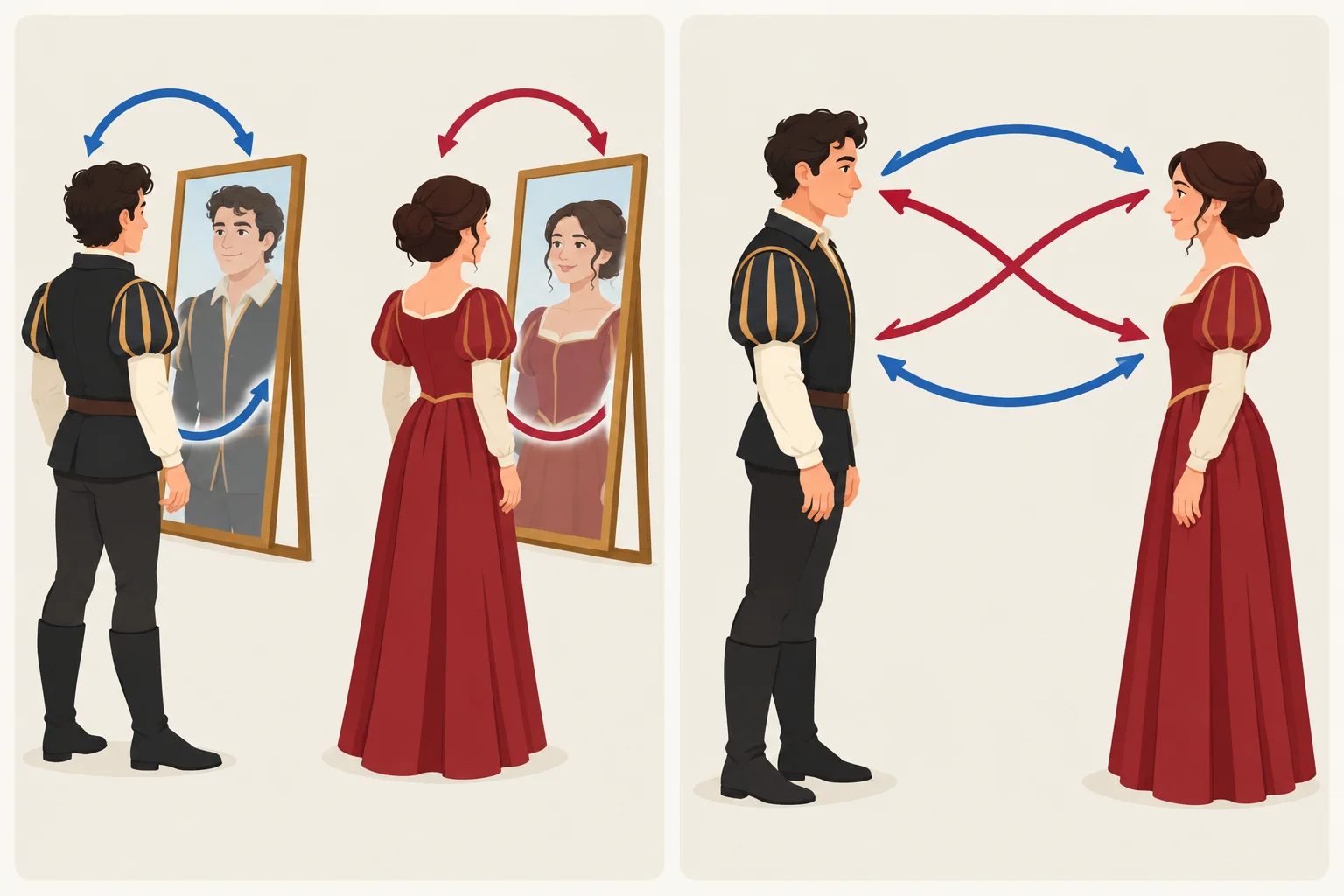 Dois painéis: no primeiro, setas retornam a cada pessoa; no segundo, setas cruzam entre duas pessoas.