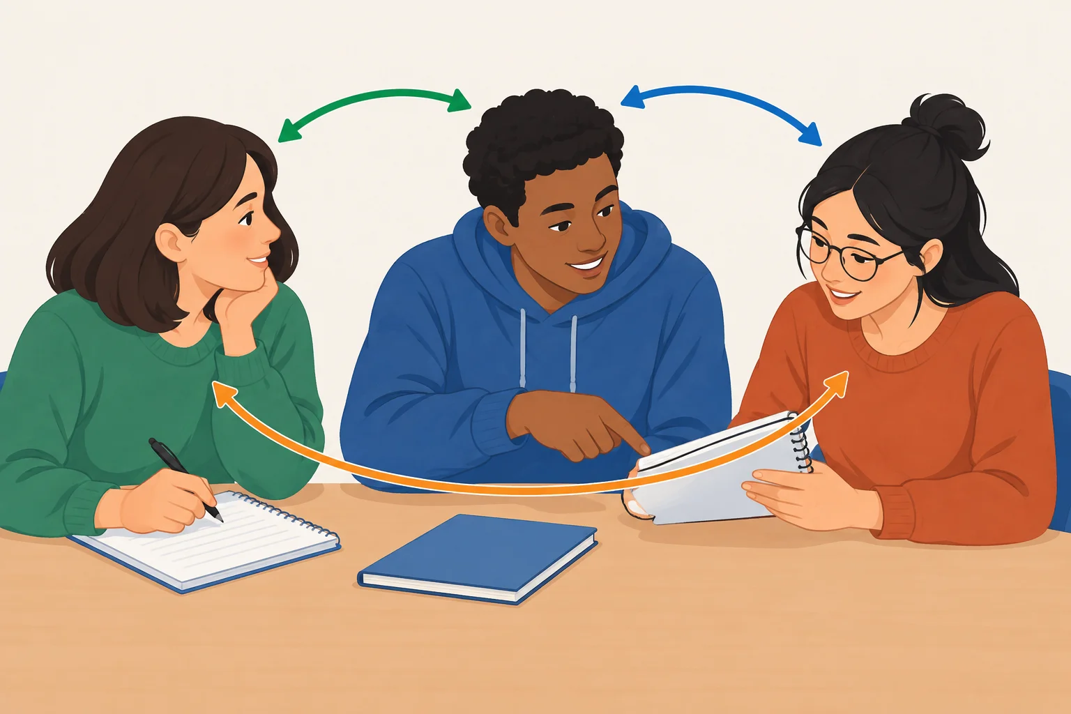 Três estudantes conectados por setas em duas direções, com cadernos sobre a mesa.