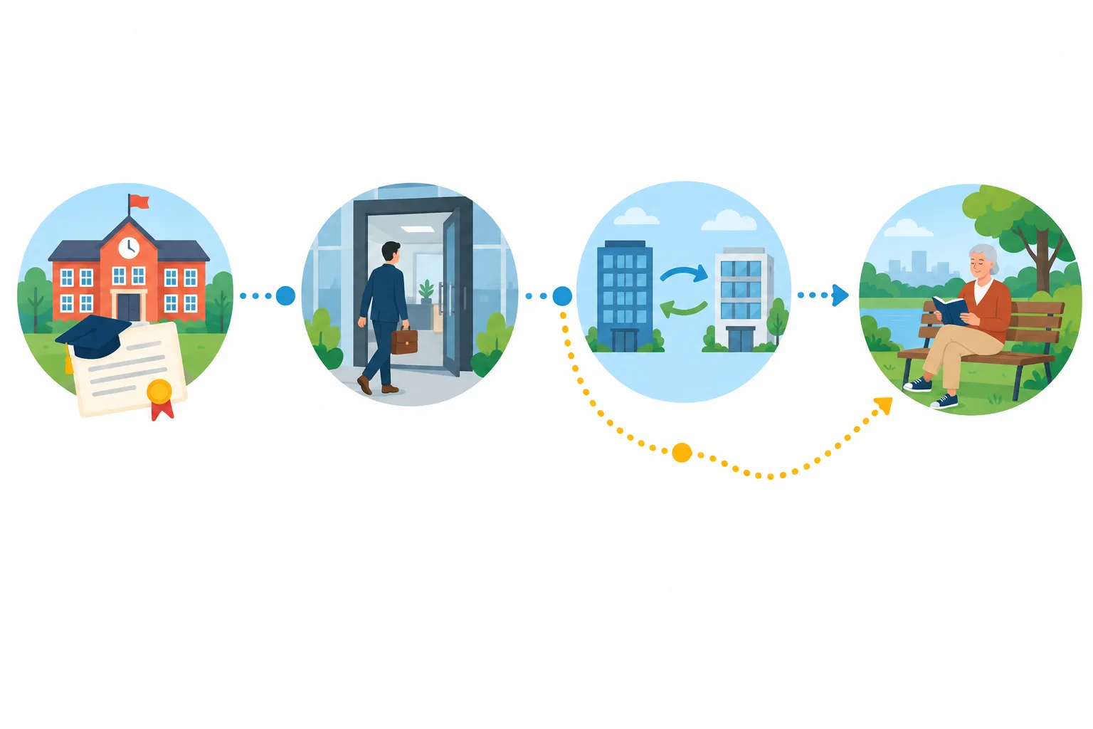 Linha do tempo ilustrada com ícones de conclusão da escola, início de emprego, troca de emprego e aposentadoria em uma ordem não rígida.
