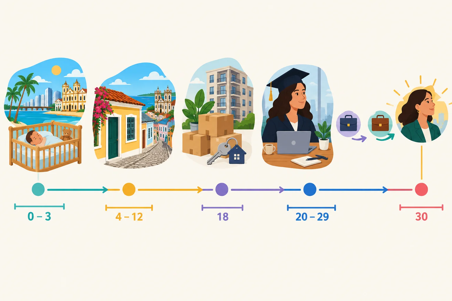 Linha do tempo ilustrada de uma trajetória fictícia, com nascimento, infância, mudança de moradia, estudo, trabalho e duas mudanças de emprego.