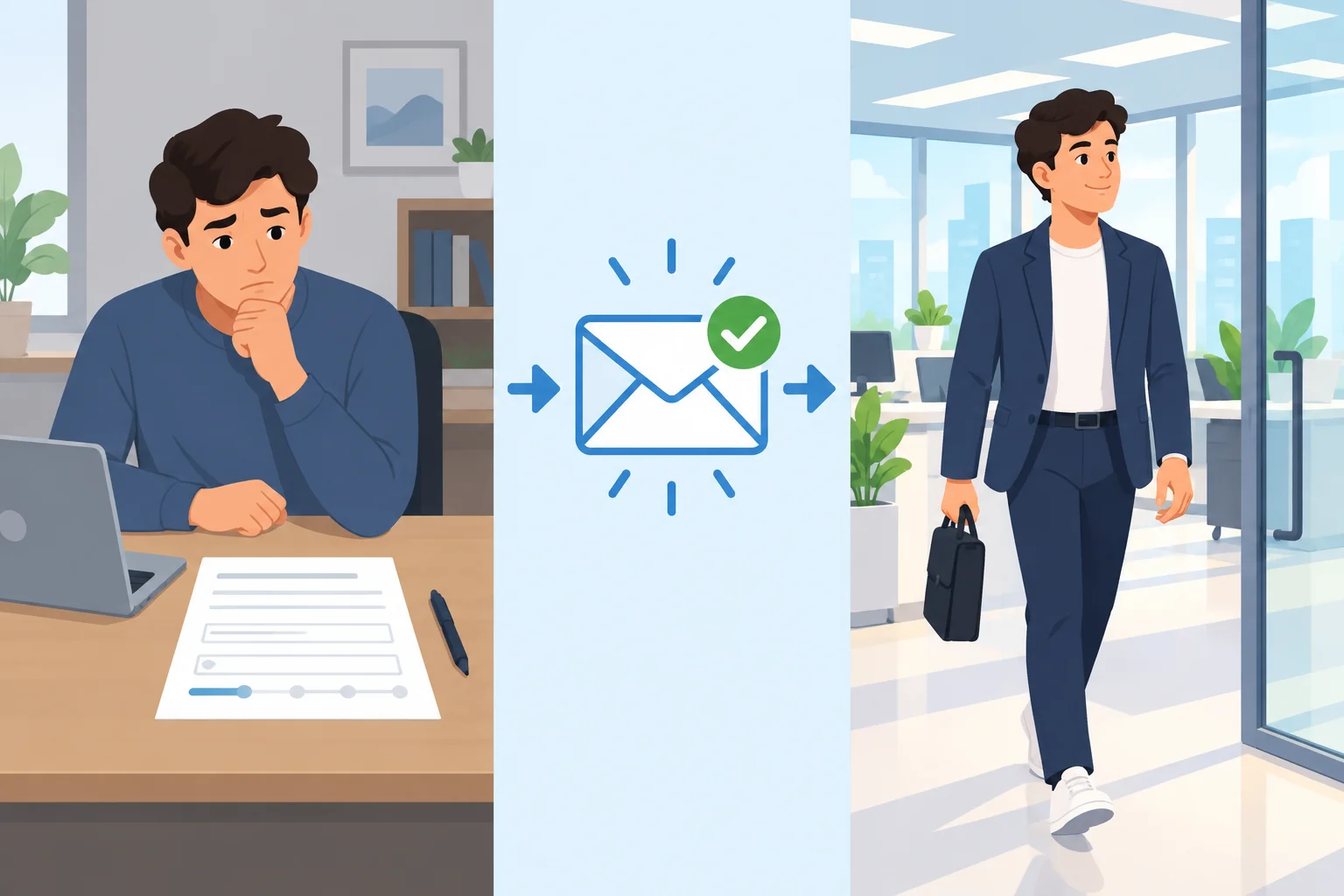 Comparação visual: uma pessoa hesita diante de um formulário, recebe uma confirmação e passa a iniciar um novo trabalho.