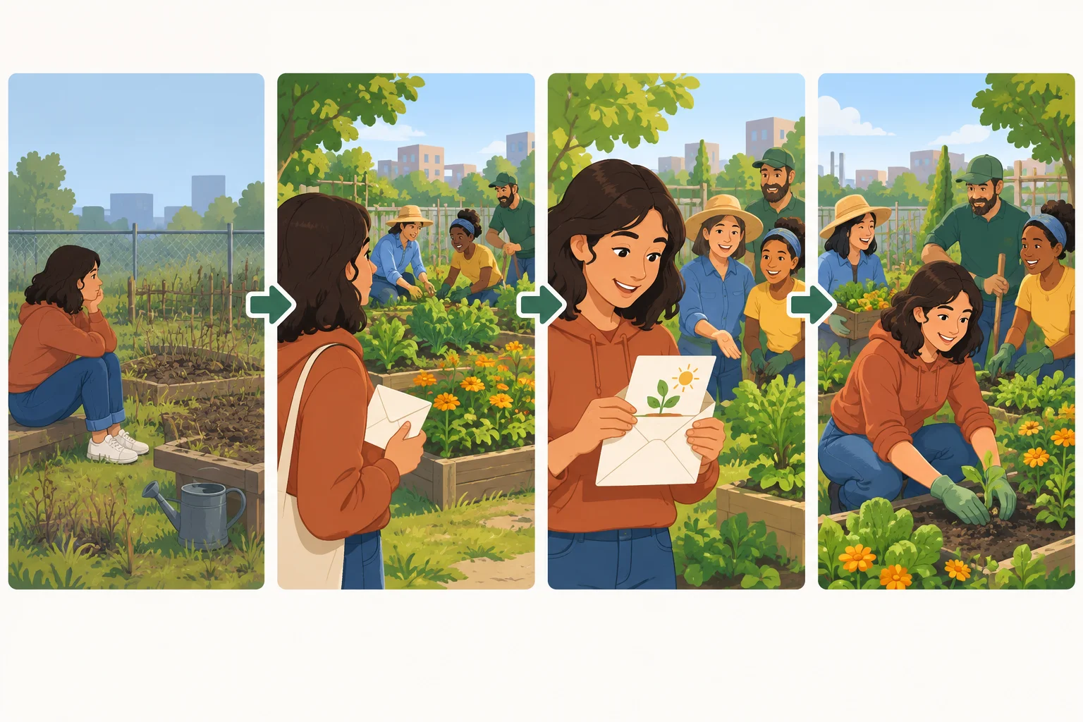 Esquema visual em quatro momentos: pessoa isolada perto de uma horta, observação dos vizinhos, convite que a leva a participar e colaboração na horta.