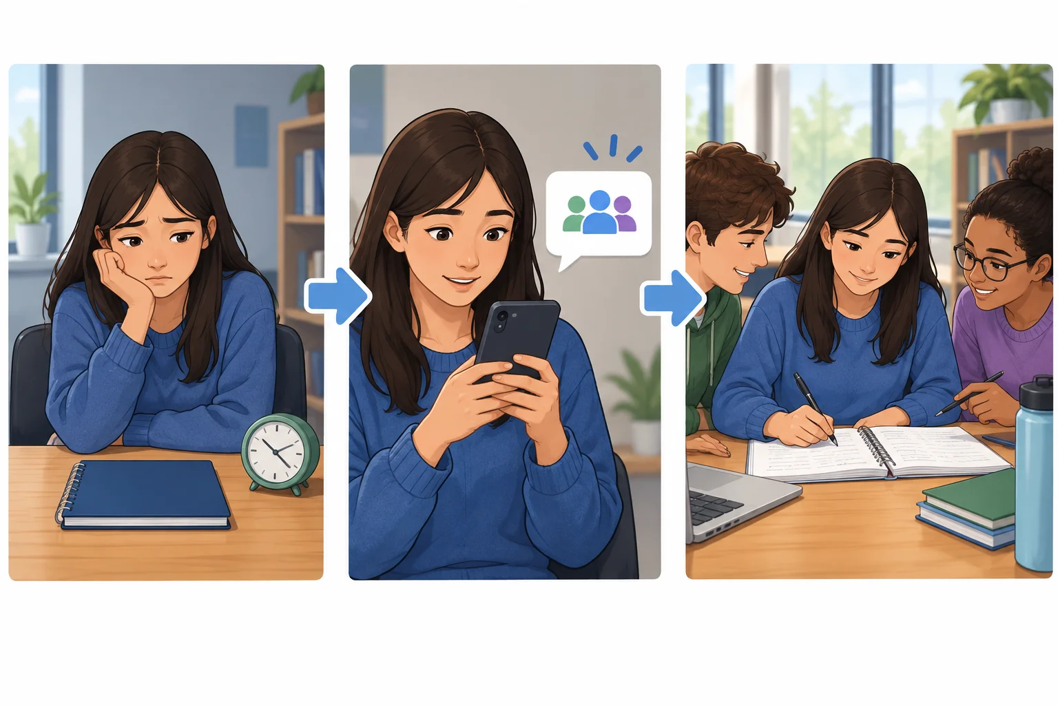 Comparação visual: uma estudante preocupada e estudando sozinha antes da mudança; depois de receber um convite para um grupo de estudo, ela estuda com colegas e parece mais confiante.